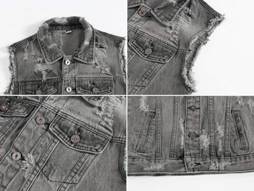 Image of Lazutom Men's Sleeveless Denim Vest Casual Slim Fit Ripped Classic Button Down Jean Jacket