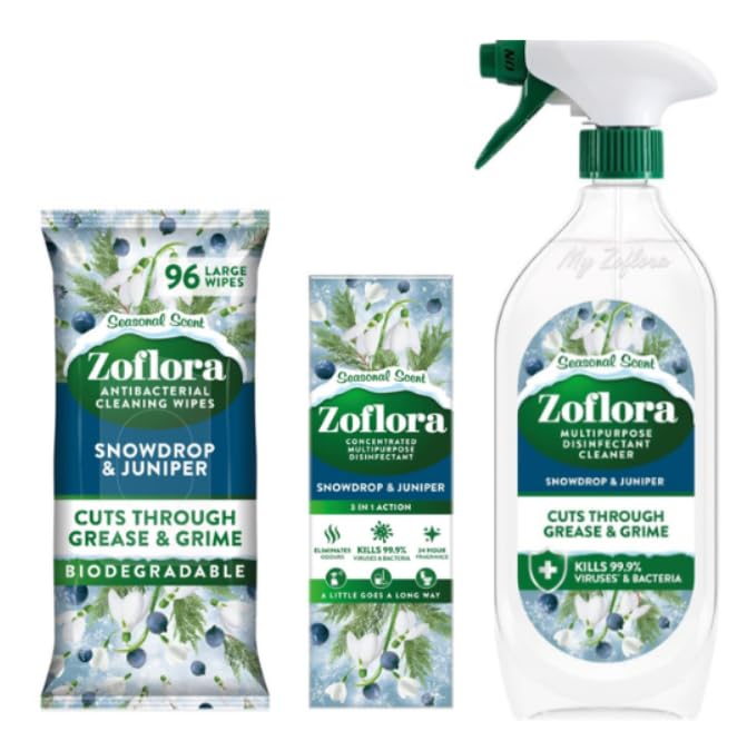  Zoflora Snowdrop & Juniper Multipurpose Disinfectant Liquid (250ml) + Large Wipes (96pk) + Cleaner Spray (800ml) Multip