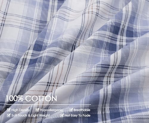 Image of SLEEPBELLA Blue White Grid Duvet Cover Set, 100% Cotton Bedding, Buffalo Plaid Geometric Checker Pattern, with Button Closure (3pcs, Queen Size)