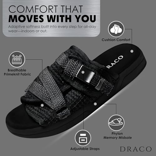 Image of Draco DracoSlides Reflective Slides for Men and Women, Wrapped in Reflective 3M with Adjustable Straps for Wide /Narrow Feet, Sandals with Arch Support & Slip Resistant, Men & Women Footwear, Black