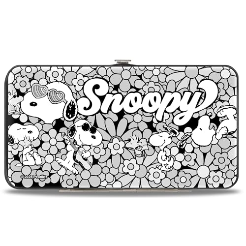 Buckle-Down Peanuts Wallet, Hinged, Snoopy Poses and Daisy Flowers Collage Black Grays White, Vegan Leather2