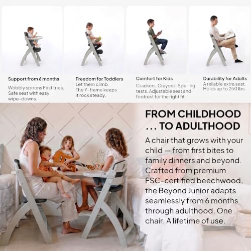 Image of Abiie Beyond Junior Wooden High Chair for Babies and Toddlers - Convertible 3-in-1 Baby Highchair with Removable Tray - 6 Months to 250 Lb - Water Resistant - Misty Grey Wood /Black Pearl Cushion