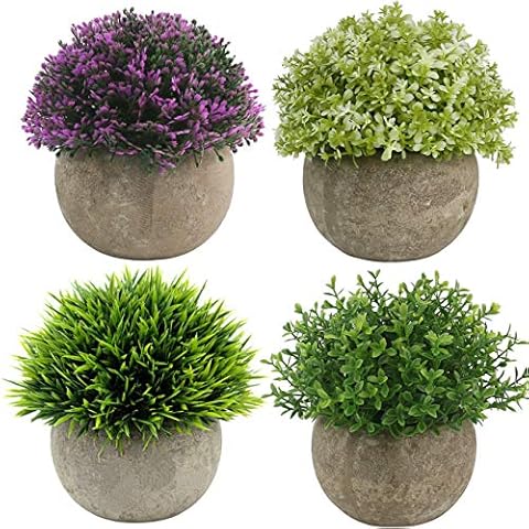 Ogrmar 4PCS Mini Plastic Artificial Plants Grass in Pot/Small Artificial Faux Greenery/Mini Plants Topiary Shrubs Fake Plants for Bathroom, House Decorations Cover