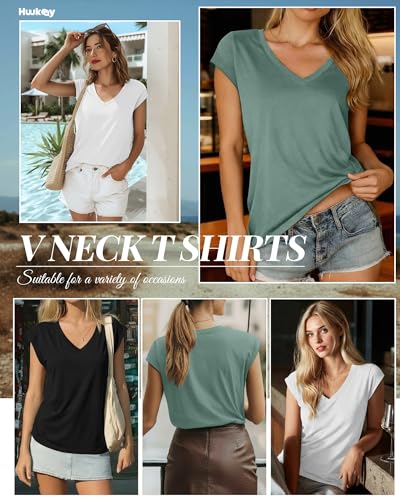 Image of Huukeay 3 Pack Women's V Neck Cap Sleeve T Shirts | Short Sleeve Basic Tees, Loose Fit Soft Tops for Women, Casual Lightweight Shirts, Everyday Summer Clothes