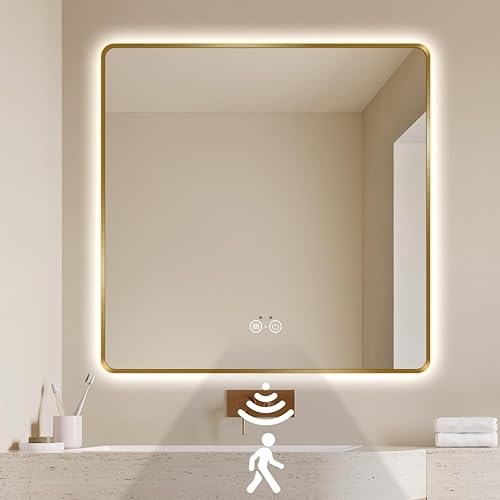 Vista 31 de Espejo de Baño LED Dorado, Espejo Inteligente de 36"x28" con Luces de Sensor de Movimiento por Infrarrojo, Anti Empañamiento, Regulable Sin