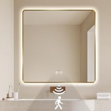 nolsia Gold LED Bathroom Mirror, 36"x36" Smart Mirror with Infrared Motion Sensor Lights, Anti Fog, Stepless Dimmable &amp; Color Temperature Adjustment, Wall Mounted Vanity Mirror Backlit, CRI&ge;93
