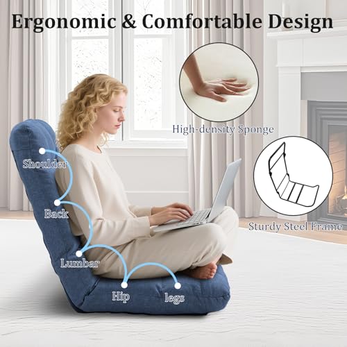Image of Folding Floor Gaming Chair with Back Support, 14-Position Adjustable Recliner - Padded Cushion with Breathable Linen & Cotton Blend for Adults & Kids, Perfect for Gaming, Reading & Meditation (Blue)