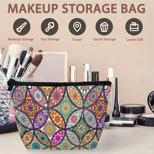 Boho Mandala Travel Makeup Bag,Vintage Flower Cosmetic Bags Small Waterproof Zipper Women Purse Mini Portable Traveling Organizer Pouch for Ladies Thanksgiving Gifts2