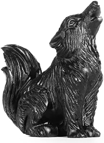 LEADGEM 2.5" Black Obsidian Big Tail Wolf Figurine Healing Crystal Stone Statue Carved Sculpture Paperweight Ornaments Fengshui Home Office Decor Gifts