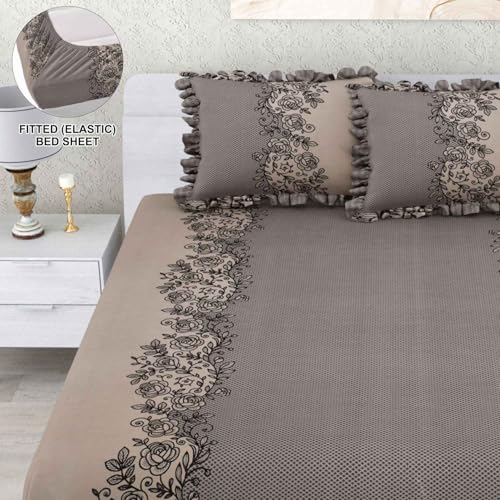 Image of Dream Weaverz- Polycotton Printed Double Bed Size Fitted Elastic Bedsheet,2 Pillow Cover,260 Thread (72 inch x 78 inchx7 inch) Home, Bedroom (Brown Beige, King)