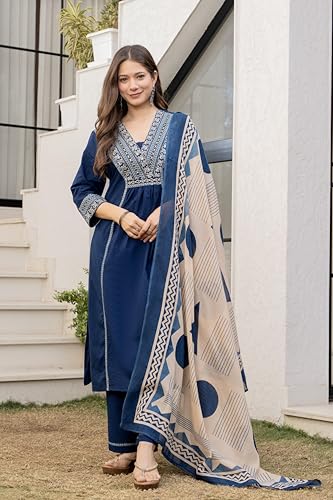 Image of MEERA FAB Women Floral Printed Pure Cotton Straignt V-Neck Kurta with Trousers & Dupatta