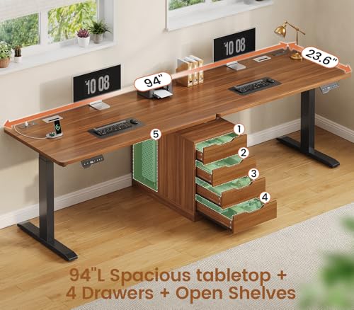 Image of SEDETA Standing Two Person Desk with 4 Drawers, 2 Power Outlets, CPU Stand