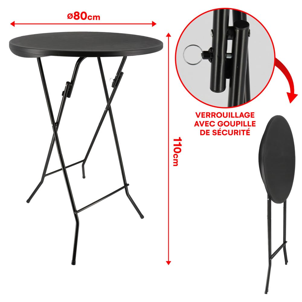Oxeo Table Mange Debout Pliable 80cm H110cm Table Haute Bar Plateau Résine Acier Noir