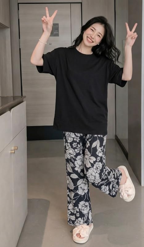 Image of KSHS Printed Round Neck Short Sleeve Nightsuit Set | Pajama Set | Casual Night Dress for Women