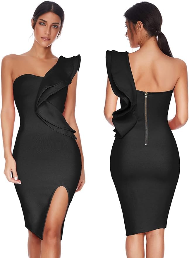 Image of One Shoulder Ruffle Dress Side Split Bodycon Bandage Dress Wedding Guest Dress
