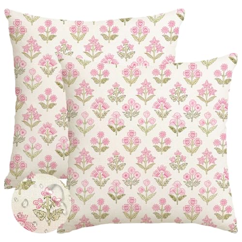 RABUSOFA Pink Vintage Floral Summer Pillow Covers Set of 2 Seasonal Flower Oudtdoor Decorative Throw Cuchion Cases Spring Summer Decorations for Home Patio Couch Decor 18x18 Inch