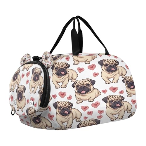 YETTASBIN Sport Travel Duffel Bag for Girls Boys, Pug Dog Large Waterproof Weekender Overnight Bag, Detachable Shoulder Strap Gym Bag with Shoe Compartment & Wet Pocket