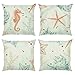 Bonhause Lot de 4 Housse de Coussin 45 x 45 cm Océan Hippocampe Étoile de Mer Plage Polyester Lin Décoratif Taie d'oreiller pour Canapé Lits Chaises Voiture Salon Maison Décor
