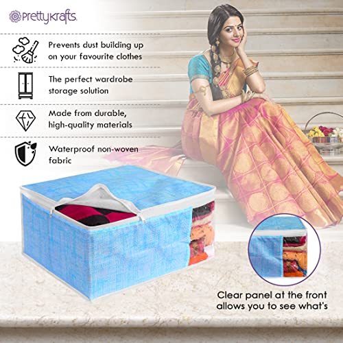 PrettyKrafts Set of 3 Foldable Saree Covers/Wardrobe Organizer With Transparent Window And Zip/Clothes Storage Bag For Women's Lehenga, Suit Saree & Other Accessories,(Size 40 x 33 x 19 CM),Jute Blue 4 51Hj0EuvgXL