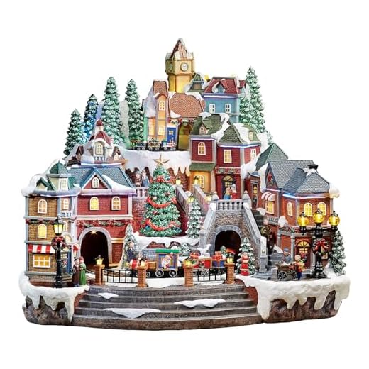 Christmas Village Centerpiece Decor, Tiered Village Town Center, with Rotating Train and Village Buildings, featuring LED Lights, Christmas Music, and Animation - Power Adapter (included)