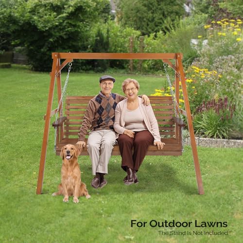 Image of VINGLI 5 FT Outdoor Porch Swing, Upgraded XL Size Seat Depth & Back Height Wooden Patio Swing, Heavy Duty 880 LBS Front Hanging Swing for Yard, Tree, Balcony (Brown)