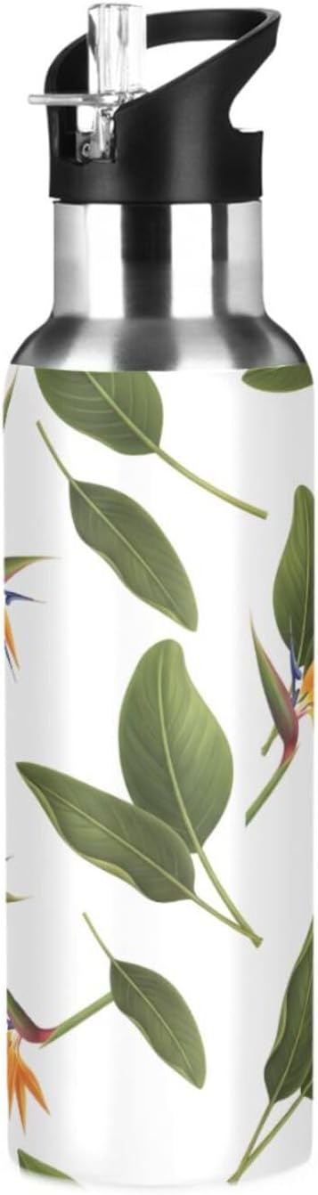 Stainless Steel Vacuum Insulated Water Bottle 20 Oz, BPA-Free Sport Water Bottle for Gym Outdoor Travel School, Orange Flowers Green Leaves