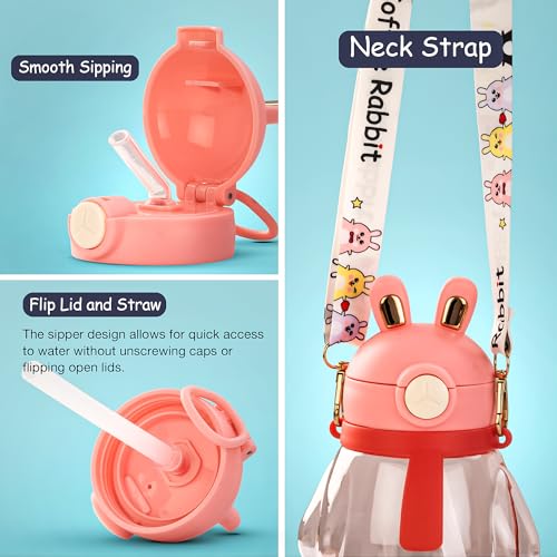 Image of Baybee Lovely Bunnies Kids Water Bottle 600ml | BPA Free & Leakproof Safe Sipper Bottle with Straw | Cute Rabbit Design Smooth Sipping with Handle & Neck Strap, Flip Lid for School Kids & Babys (Pink)