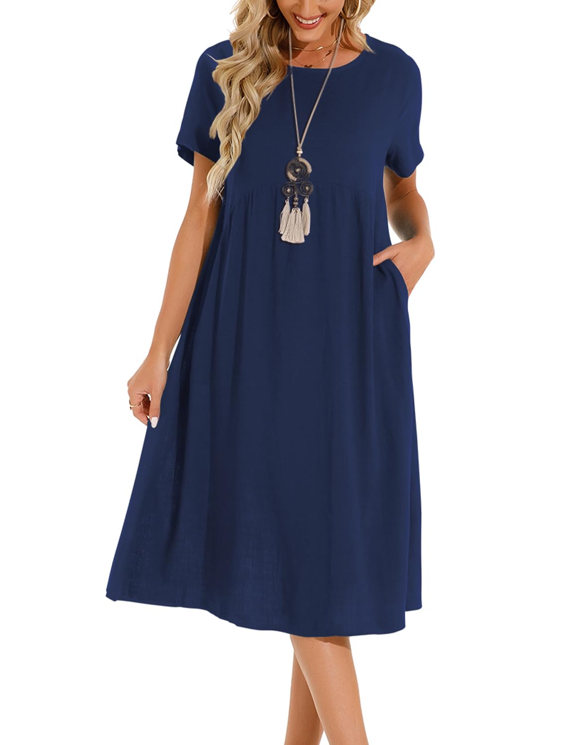 Womens Summer Dresses Casual Short Sleeve Round Neck Midi A Line Cotton Linen Sundress with Pockets