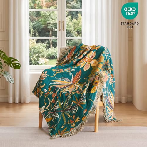 Image of MSGKV Boho Throw Blanket 60 inchx80 inch 100% Cotton Floral Muslin Blanket for Sofa