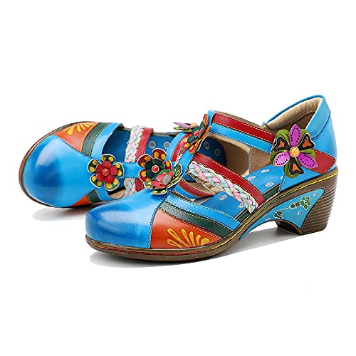 CrazycatZ Damen Leder Mary Jane Halbschuhe Blockabsatz Bunte Schuhe Jahrgang Halbschuhe (Blue, Numeric_40)