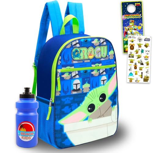 Conjunto de mochila Baby Yoda para meninos – Pacote com mochila Star Wars de 38 cm, garrafa de água, adesivos, mais | Bolsa escolar Mandalorian Baby Yoda para crianças