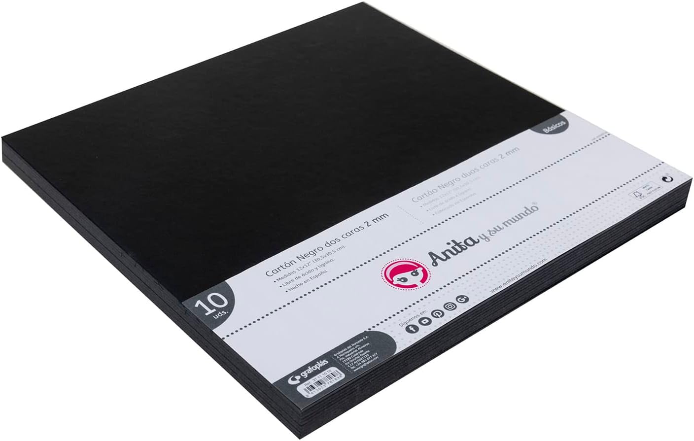 70811010. Pack of 10 Coloured Cardboard 2 Sided, Black, 2 mm Thick, 30.5 x 30.5 cm