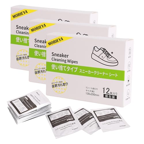 [MORIEYA] スニーカークリーナーシート 3Dドトラバ-(凹凸) で卓越の汚れ落とし 携帯用 使い捨て 洗剤不要 微香タイプ 肌に優しい 白いドットラバーとソフト面の二面構造 (36 枚入り 個包装)