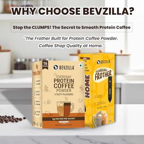 Image of Bevzilla Everyday Protein Coffee Sachets & Rechargeable Frother | Assorted 4 Flavour | 5 g Protein per Serve | 16 Sachets Pack | 3-Speed Electric Frother with Type-C Fast Charging