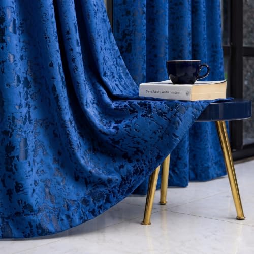 Image of IVAZA Premium Velvet Burnout Pattern 70% Blackout Opaque Curtains - Thermal Insulated, Heavy Blackout Opaques, Room Darkening Curtain for Door 8 Feet Pack of 2 Blue Burnout