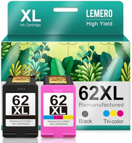 LEMERO 62XL Ink Cartridges Remanufactured Ink Cartridge Replacement for HP 62XL Ink Cartridge Combo Pack for HP Ink 62 use with Envy 7640 5660 5540 7645 5746 OfficeJet 250 200 5740 Mobile Printer