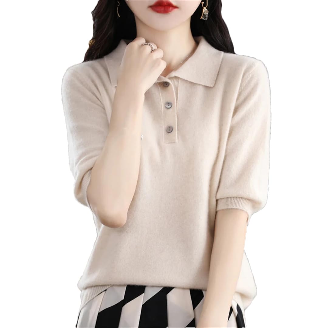 Wjnvfioo Lana Merino Manica Corta Donna Tinta unita Primavera ed Estate Risvolto Mezza Manica T-Shirt Camicia Corta Moda Top..