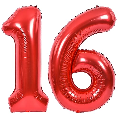 Image of TONIFUL 40 Inch Red Number 16 Balloons Large Foil 16th Birthday Decorations