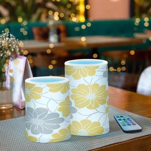 Image of Yellow Gray Flowers Flickering Flameless Candles LED Battery Operated with Remote Timer Pillar Candles for Home Birthday Wedding Christmas Decor, Set of 2