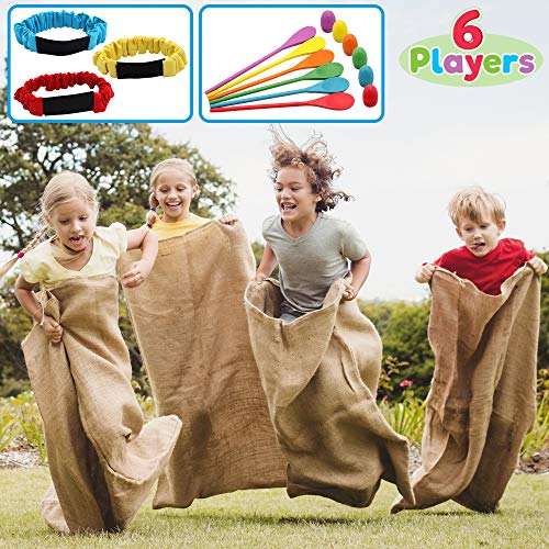 6 Player Carnival Games Potato Sack Race Bags, Egg and Spoon Race, Legged Relay Race Bands Elastic Tie Rope for Kids and Family Activity, Holiday Easter Eggs Hunt Outdoor Game, Birthday Party Lawn Yard Carnival Games