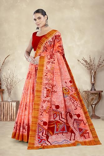 Tamaira Fashion Women's Warli Printed Pure Cotton Mulmul Saree Without Blouse Piece(Ab38_Orange)