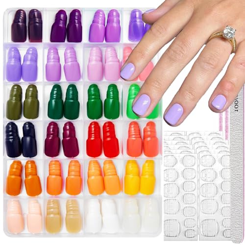 Image of 576Pcs Press on Nails Solid Color Fake Nails Short Square Nail Press ons 24 color of Purple Green Yellow Glossy Full Cover Stick on Nails for Women Manicure DIY