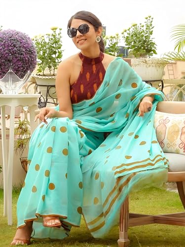 Image of Sidhidata Women's Polka Dot Printed Linen Cotton Saree With Unstitched Blouse Piece (Laddu Free Size)