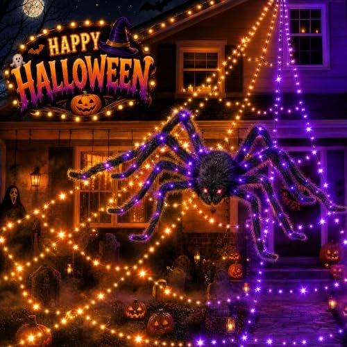 Halloween Decorations Outdoor Spider Web Lights - 550 LEDs Purple...
