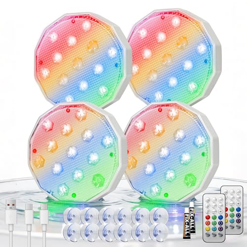Ollny Pool Lights with Remote Rechargeable Submersible LED Lights 3000mAh Battery 16 Colors Changing IP67 Waterproof LED Puck Lights for Above Ground Pools Inground Pool Ponds Hot Tubs 4 Pack