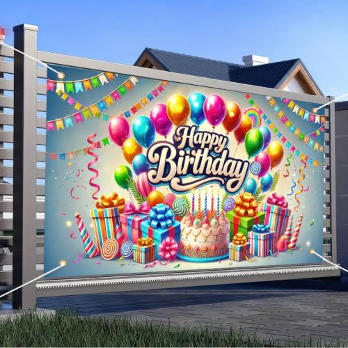 Image of BlissYard Happy Birthday Banner 71x43 Inch Rainbow Birthday Decorations | Party Backdrop Happy Birthday Sign for Backdrop Colorful Balloons and Gifts Design Party Banners