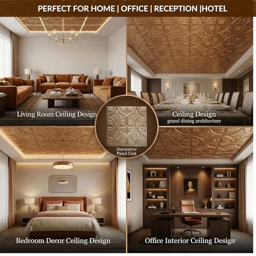 Image of Kayra Decor PVC Ceiling Panel 60x60 cm|Ornamental Floral Panel|Metallic Coffee|50 Tiles Cover 200 Sq Ft| Modern False Ceiling|Royal & Elegant Finish