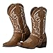 J's.o.l.e Women's Square Toe Cowgirl Cowboy Boots Mid Calf Western Riding Boots with Fashion Buckle Strap Brown US 7