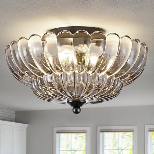 haodengshi Modern Black Ceiling Light Fixture, 12' Grey Glass Flush Mount Chandeliers, Semi Flush Mount Ceiling Light Fixture Suitable for Living Room Hallway Kitchen Bedroom