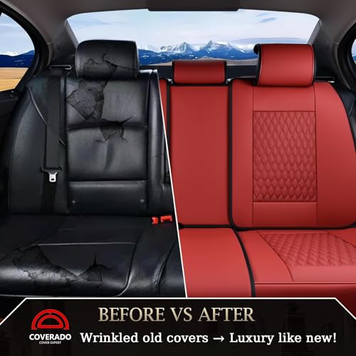Image of Coverado Rear Seat Covers, Leather Seat Cover for Car, Universal Waterproof Automotive Seat Cushion Protector for Most Cars Trucks SUV (Red)